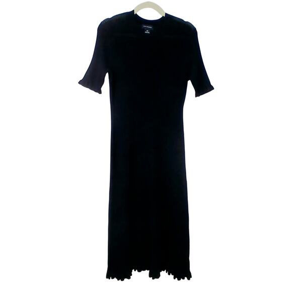 Club Monaco SZ L Mix Stitch Ribbed Crochet Ruffle Hem Midi Dress Black Knit - Picture 5 of 6